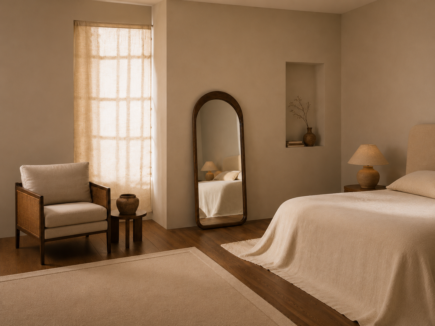 Artessa arched full-length mirror in a bedroom