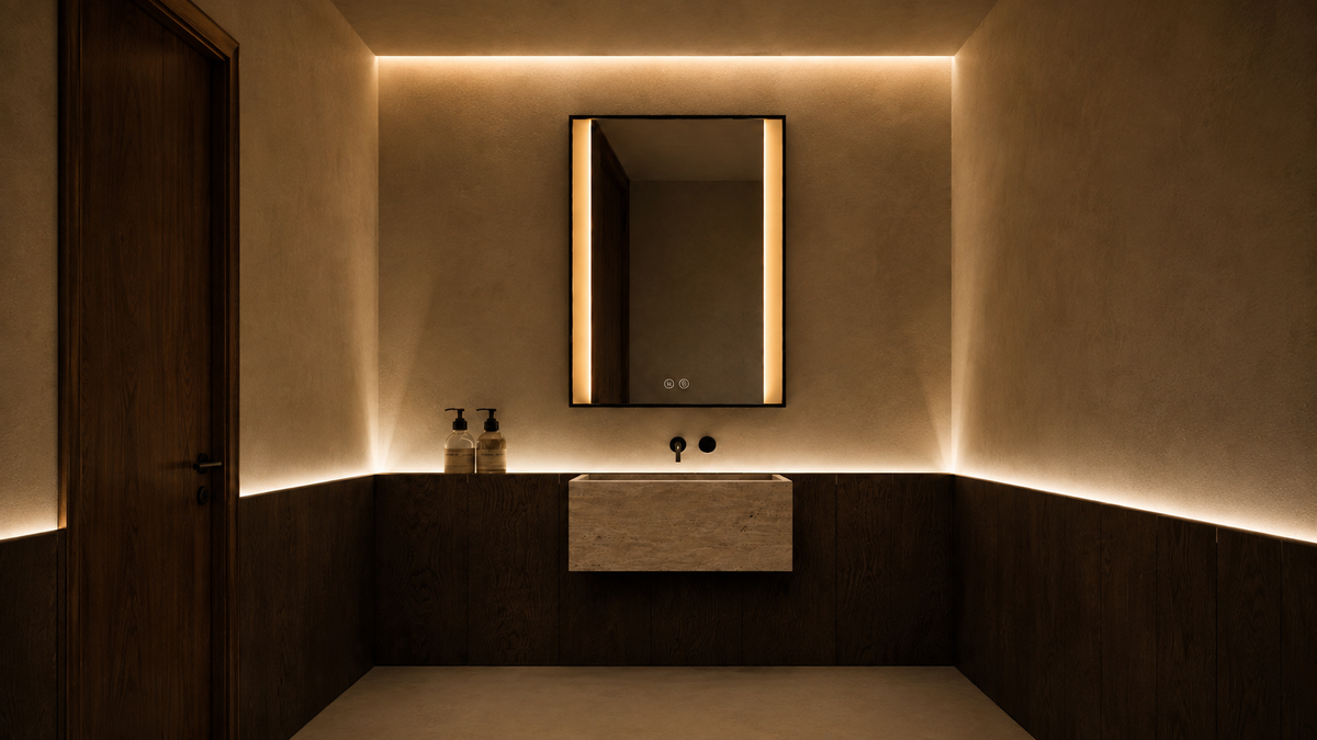 Backlit LED mirror above a travertine basin in a dark oak powder room
