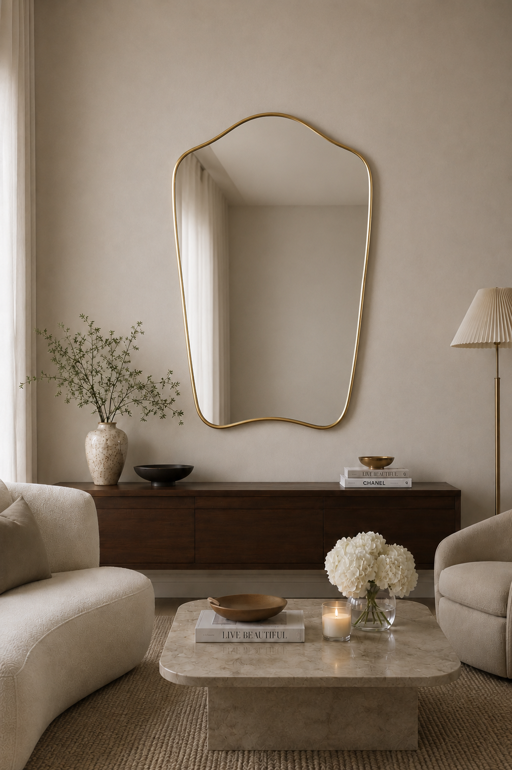 Nerra organic brass-framed wall mirror above a dark wood console in a neutral living room