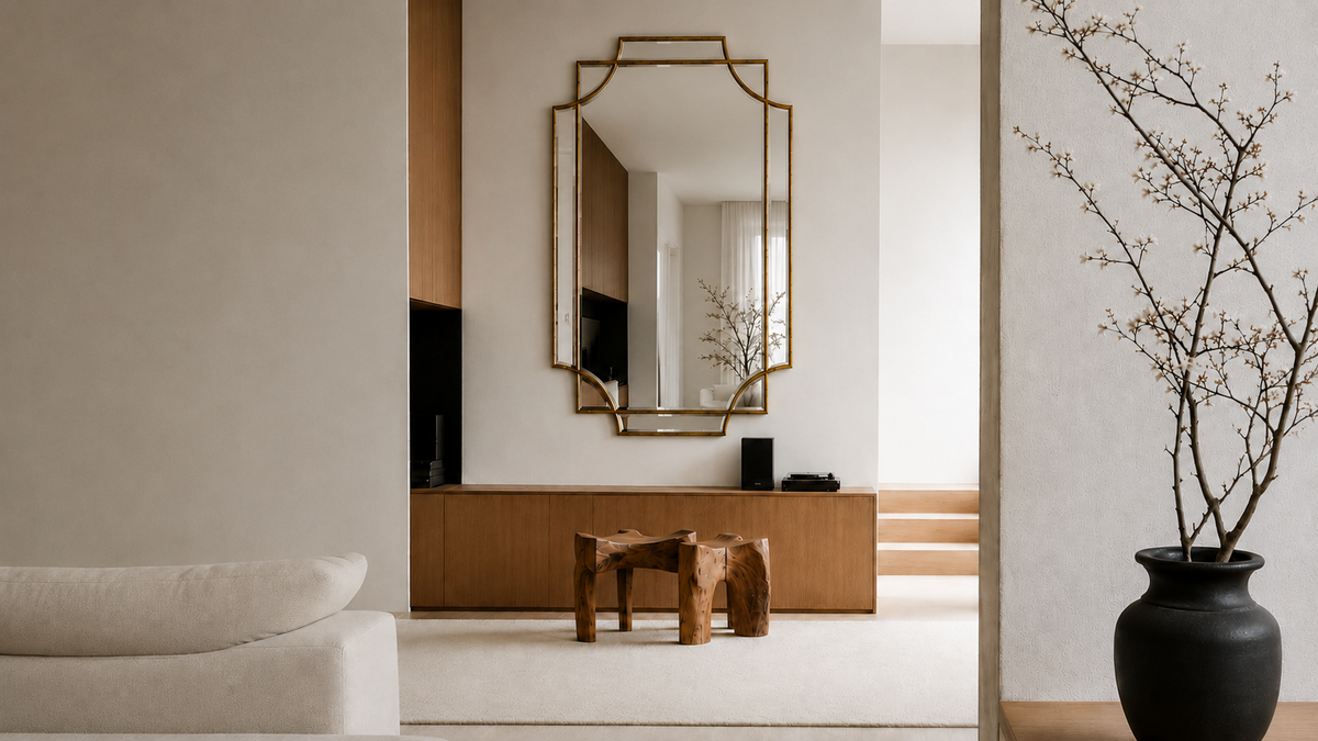 Prism mirror, a gold-framed wall mirror above an oak console in a pale living room