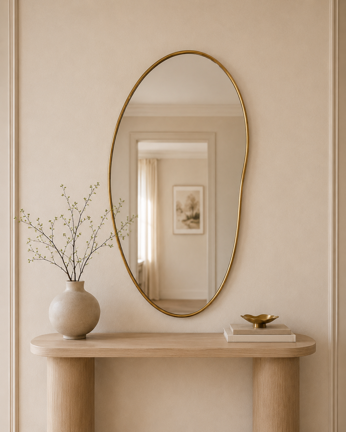 Ruve mirror above a pale wood console with a ceramic vase in an entryway