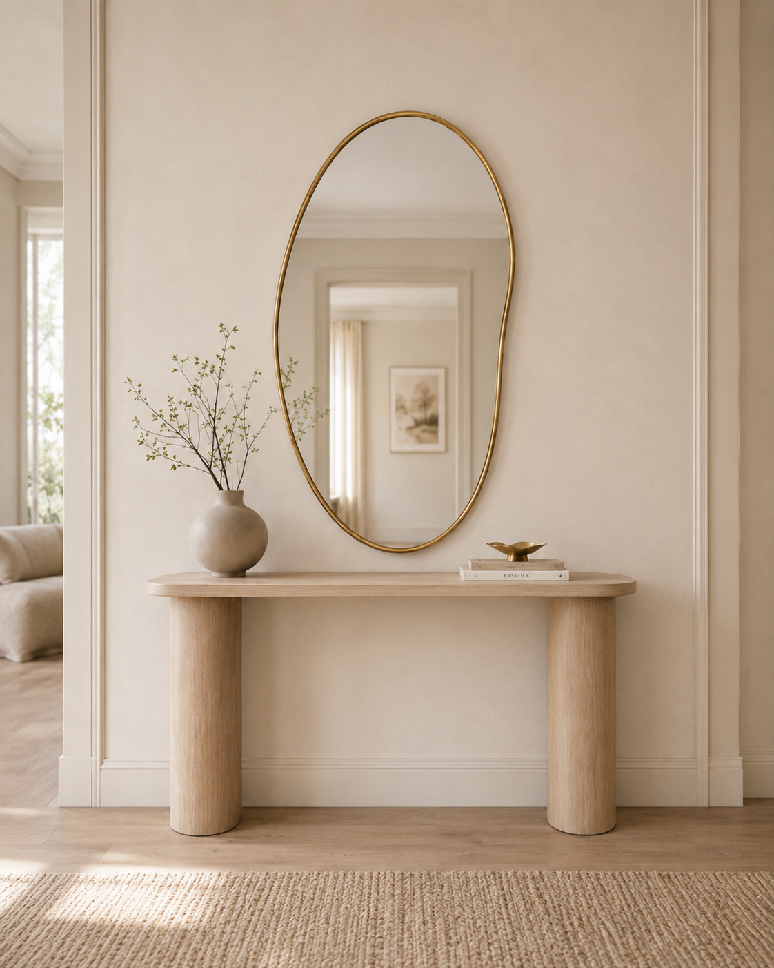 Ruve mirror seen in a wider entryway view with daylight from the left