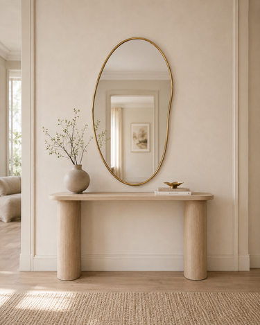 Ruve mirror seen in a wider entryway view with daylight from the left