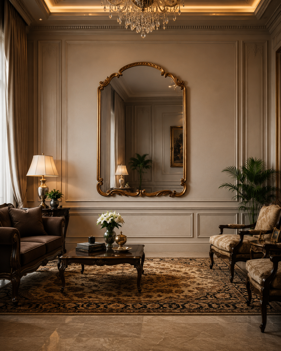 Versailles mirror full room view with chandelier and living room seating