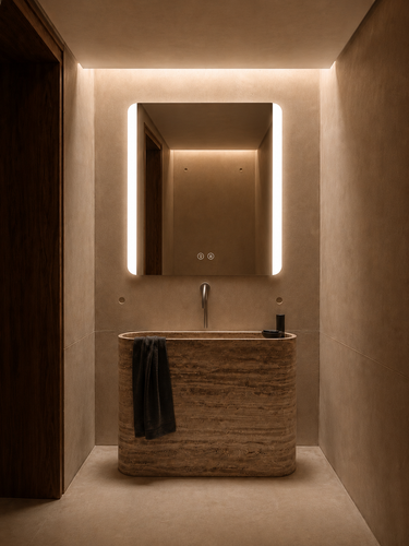 Vetra frameless LED bathroom mirror with edge-lit glow above a travertine basin