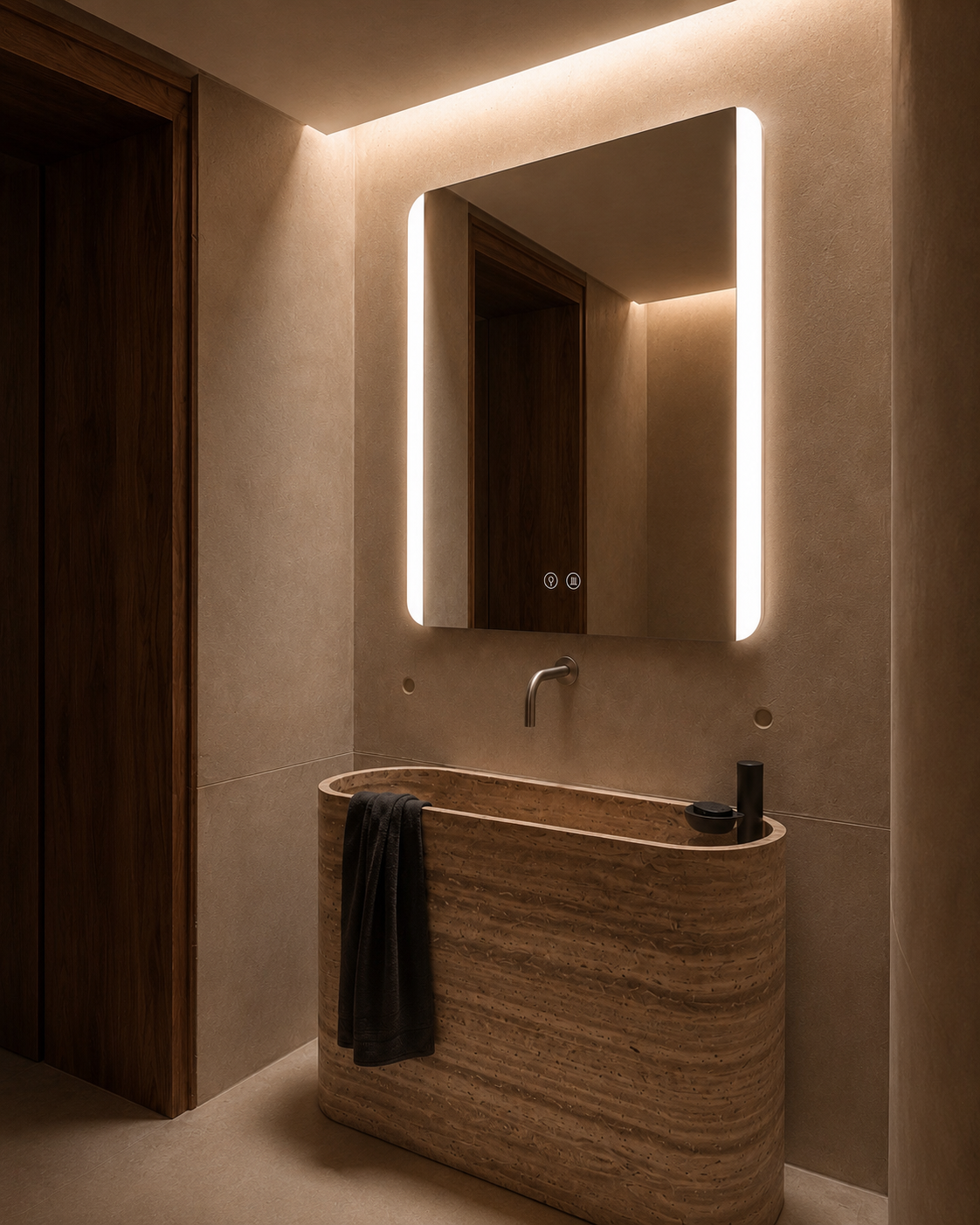Vetra LED mirror lit in warm white in a stone bathroom