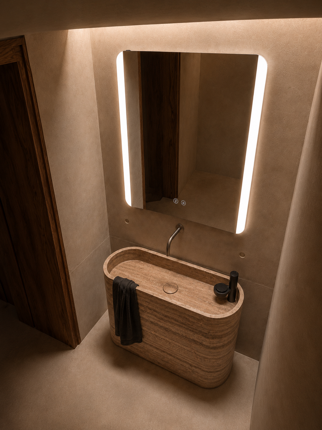Vetra LED mirror seen from an angle, showing the soft rounded corners