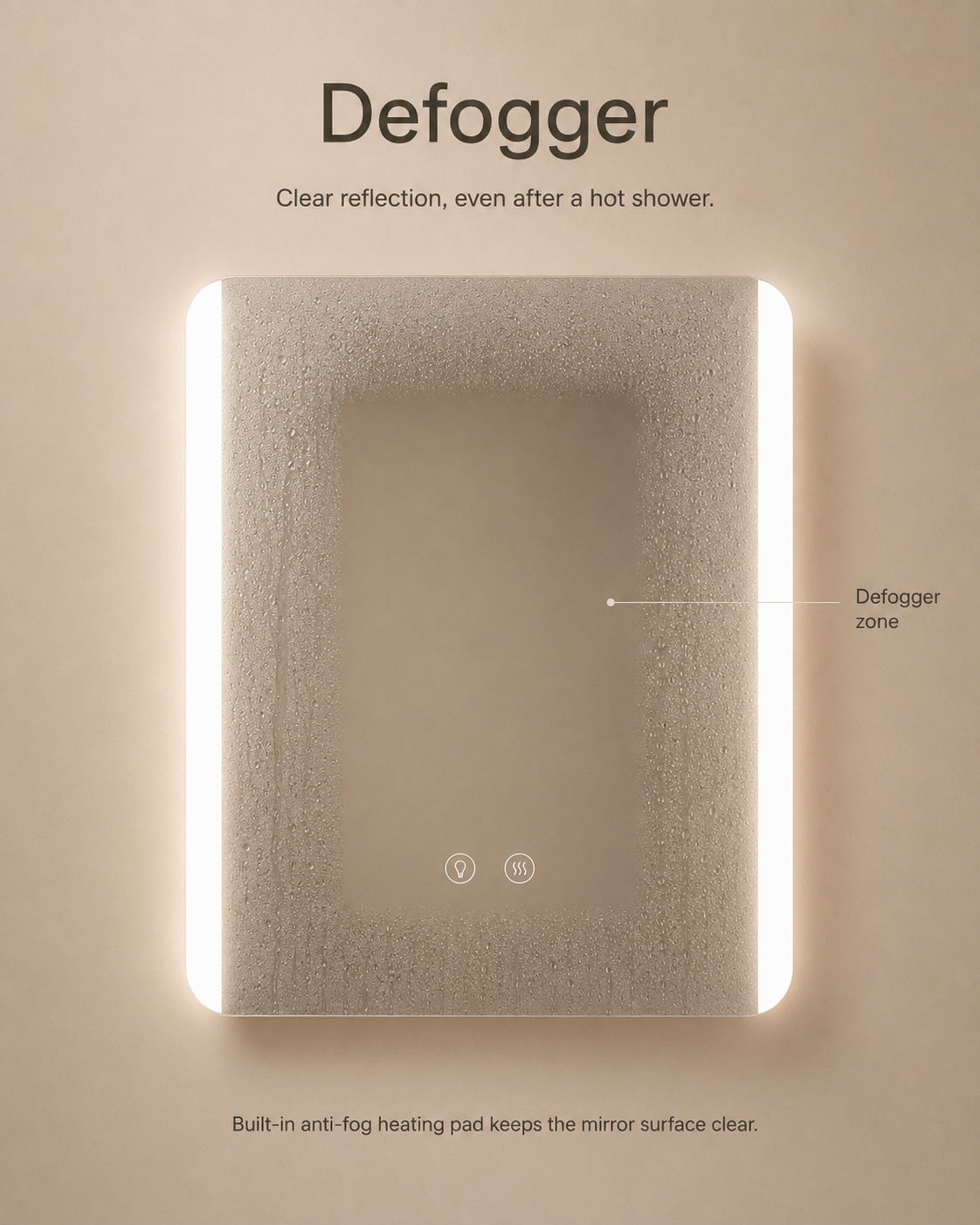 Built-in defogger keeps the Vetra mirror surface clear after a hot shower